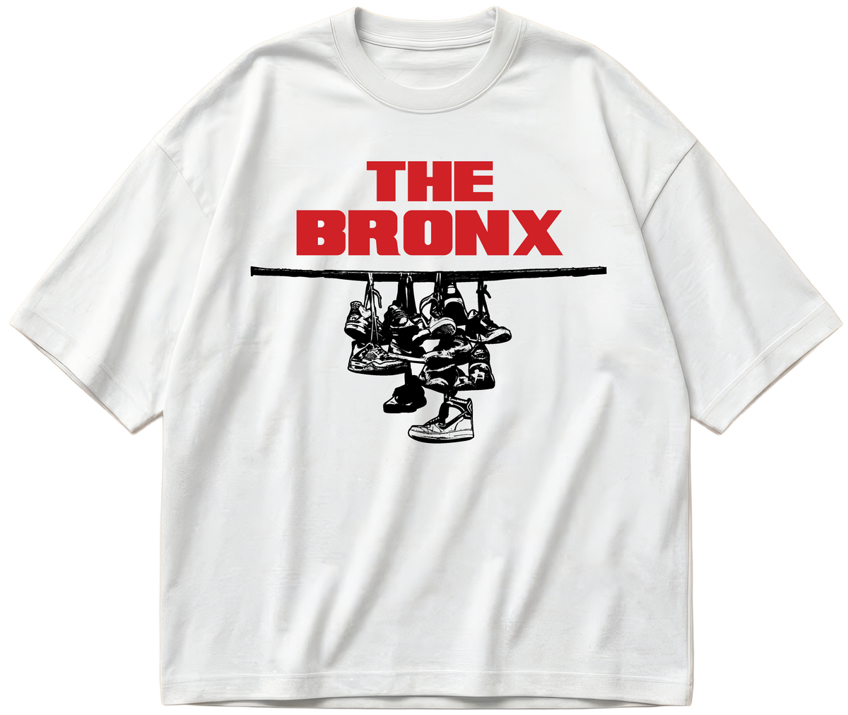 White oversized Sneaker Hang tee with red The Bronx lettering above a black hanging-sneakers design.