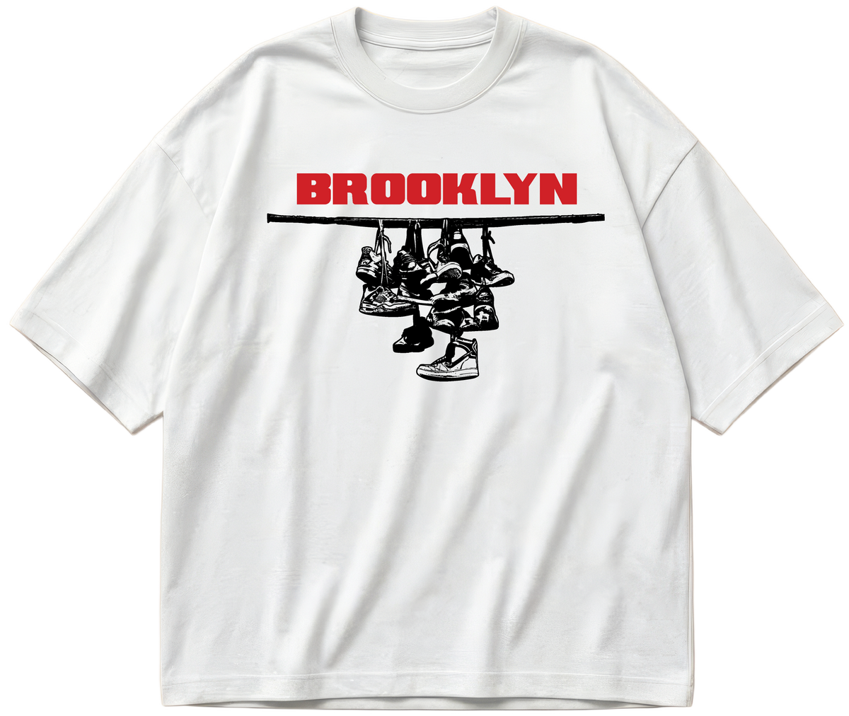 White oversized Sneaker Hang tee with red Brooklyn lettering above a black hanging-sneakers design