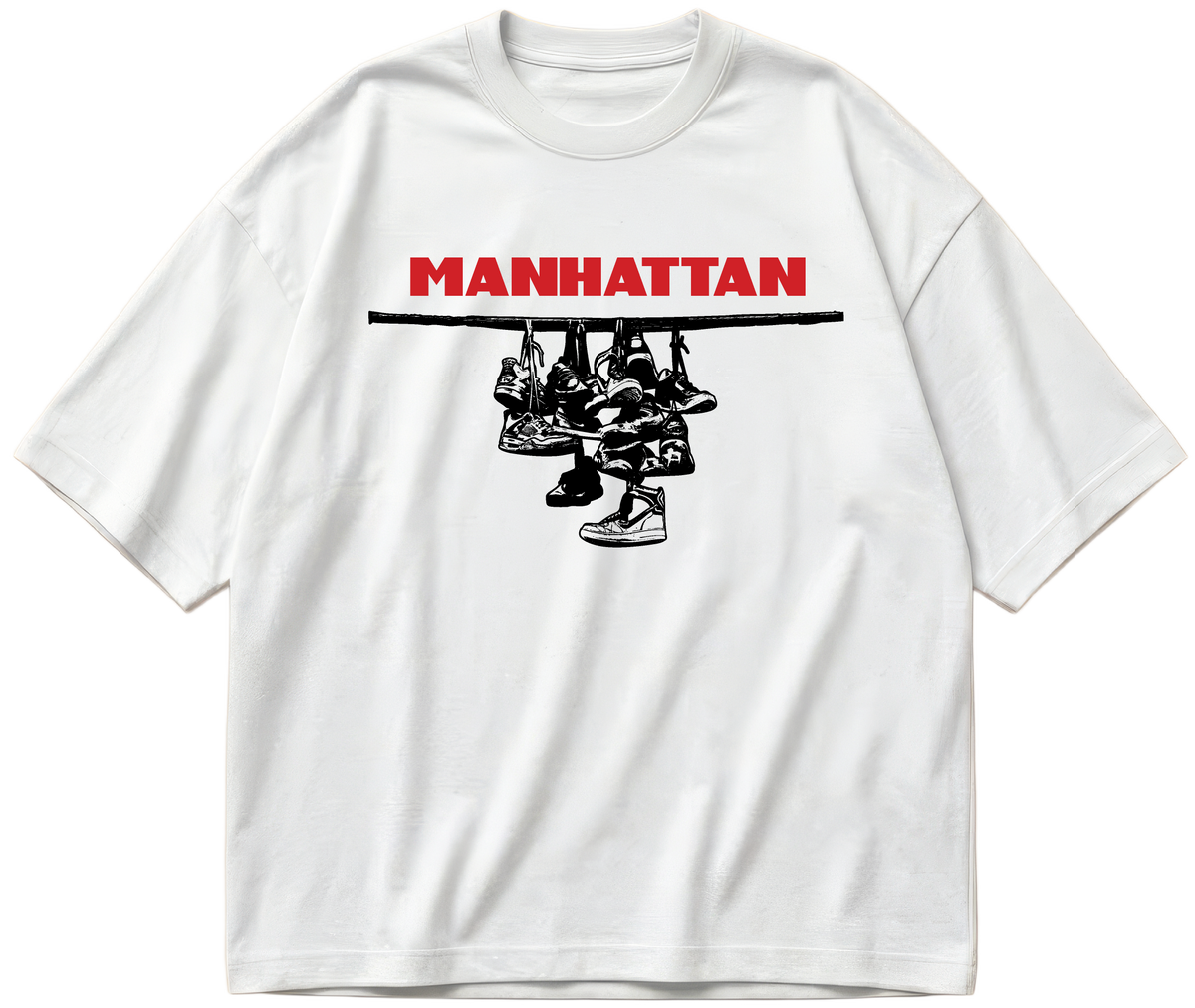 White oversized Sneaker Hang tee with red Manhattan lettering above a black hanging-sneakers design