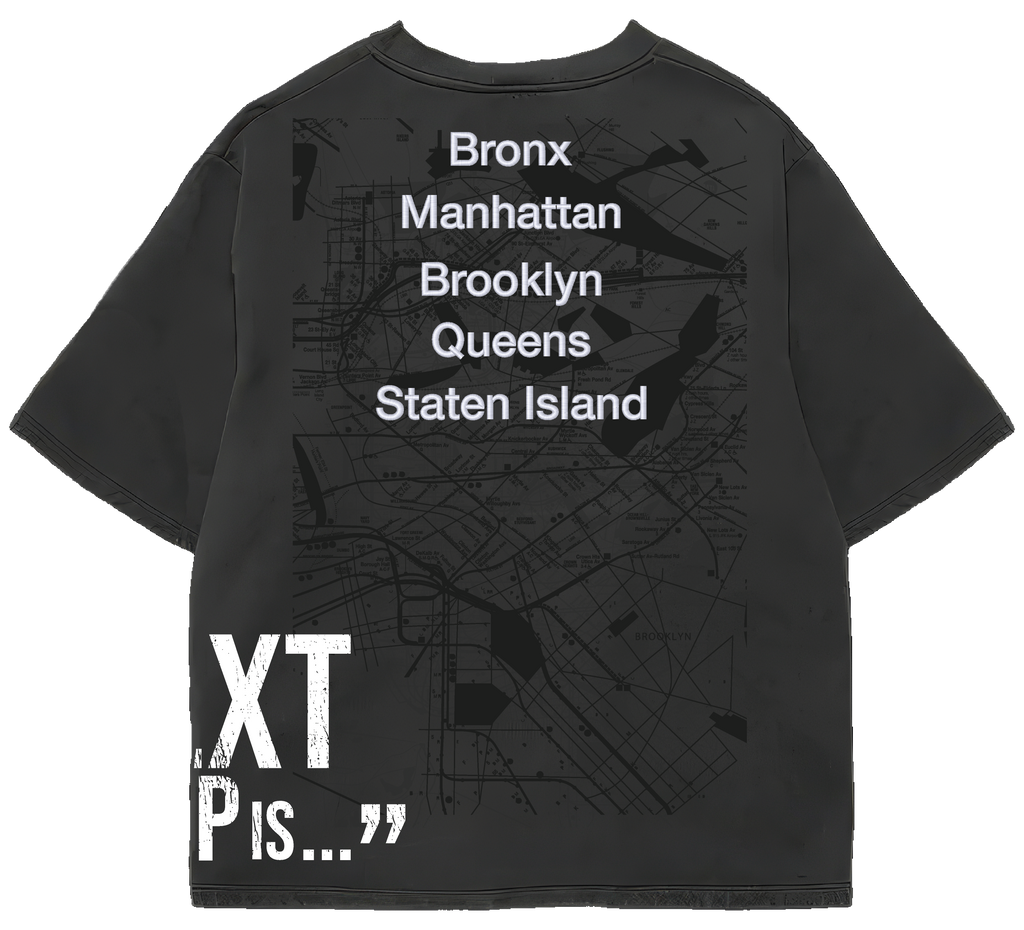 Back of Ashy Black NYOE MTA tee with five borough names, map graphic and The next stop is side print