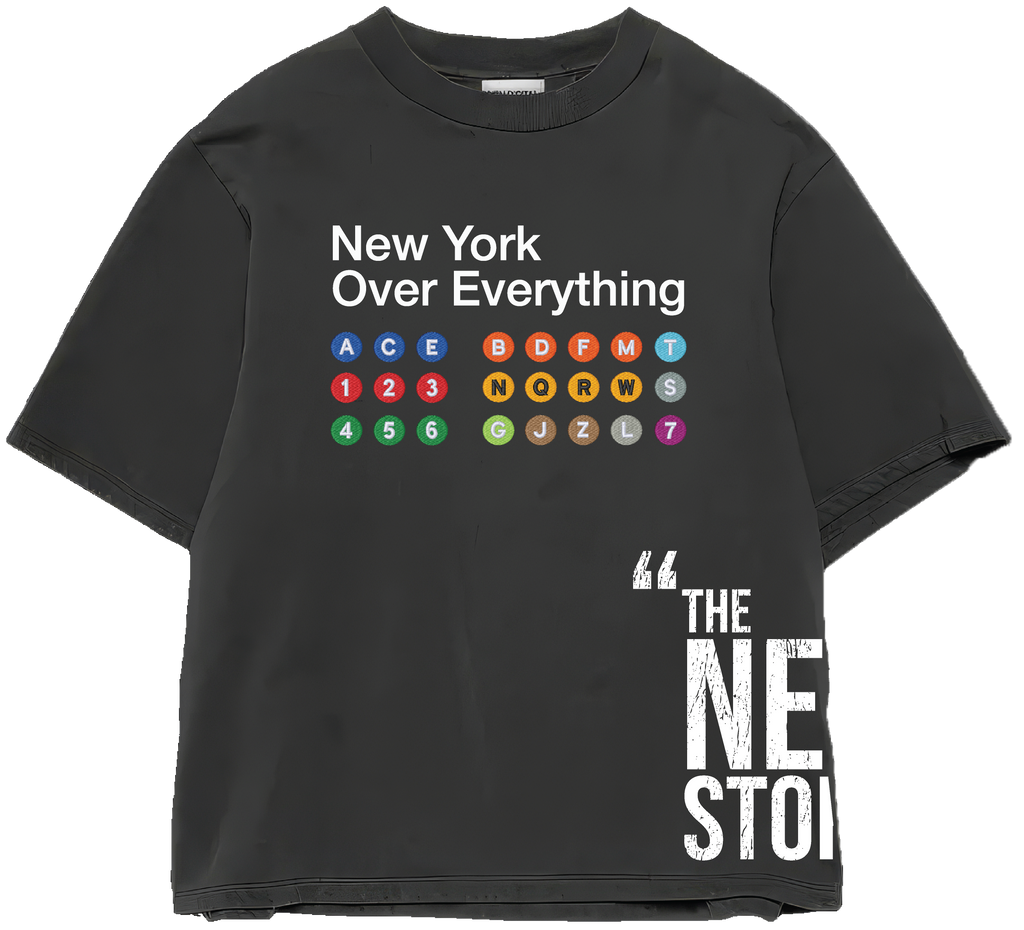 Front of Ashy Black NYOE MTA tee with New York Over Everything lettering and colorful train route circles