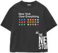 Front of Ashy Black NYOE MTA tee with New York Over Everything lettering and colorful train route circles