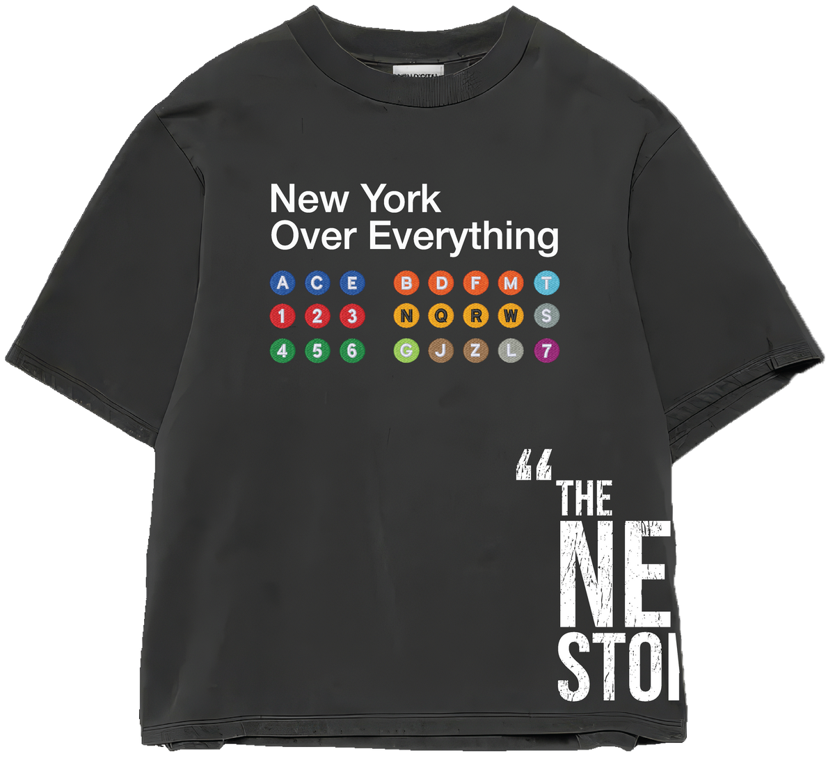 Front of Ashy Black NYOE MTA tee with New York Over Everything lettering and colorful train route circles