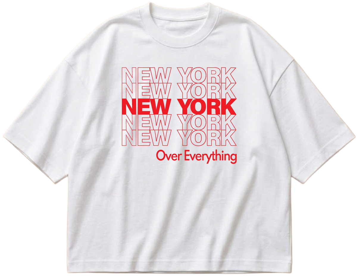 White cropped boxy tee with stacked red NEW YORK lettering and Over Everything beneath