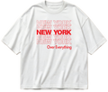 White oversized boxy tee with stacked red NEW YORK lettering and Over Everything beneath