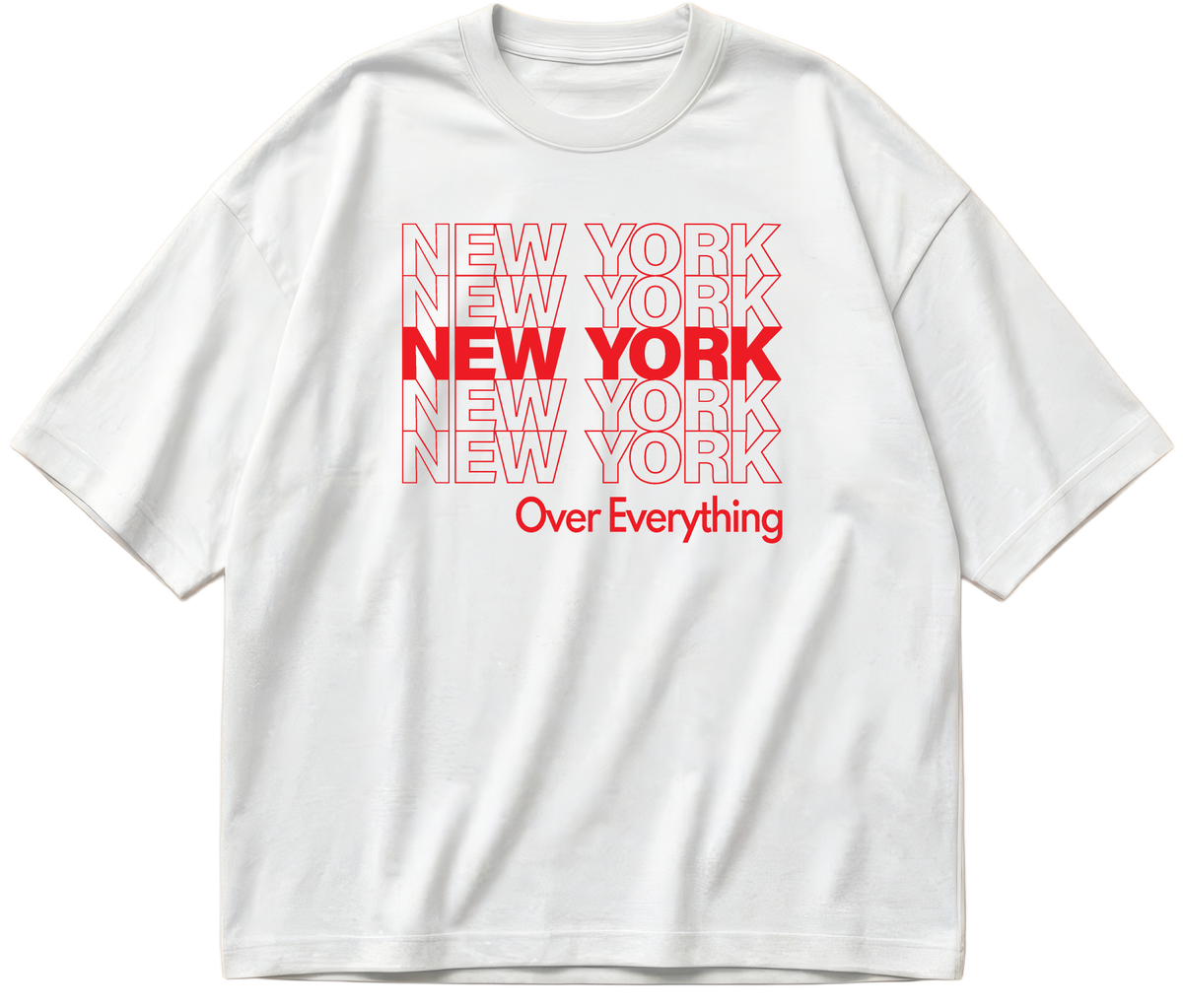White oversized boxy tee with stacked red NEW YORK lettering and Over Everything beneath