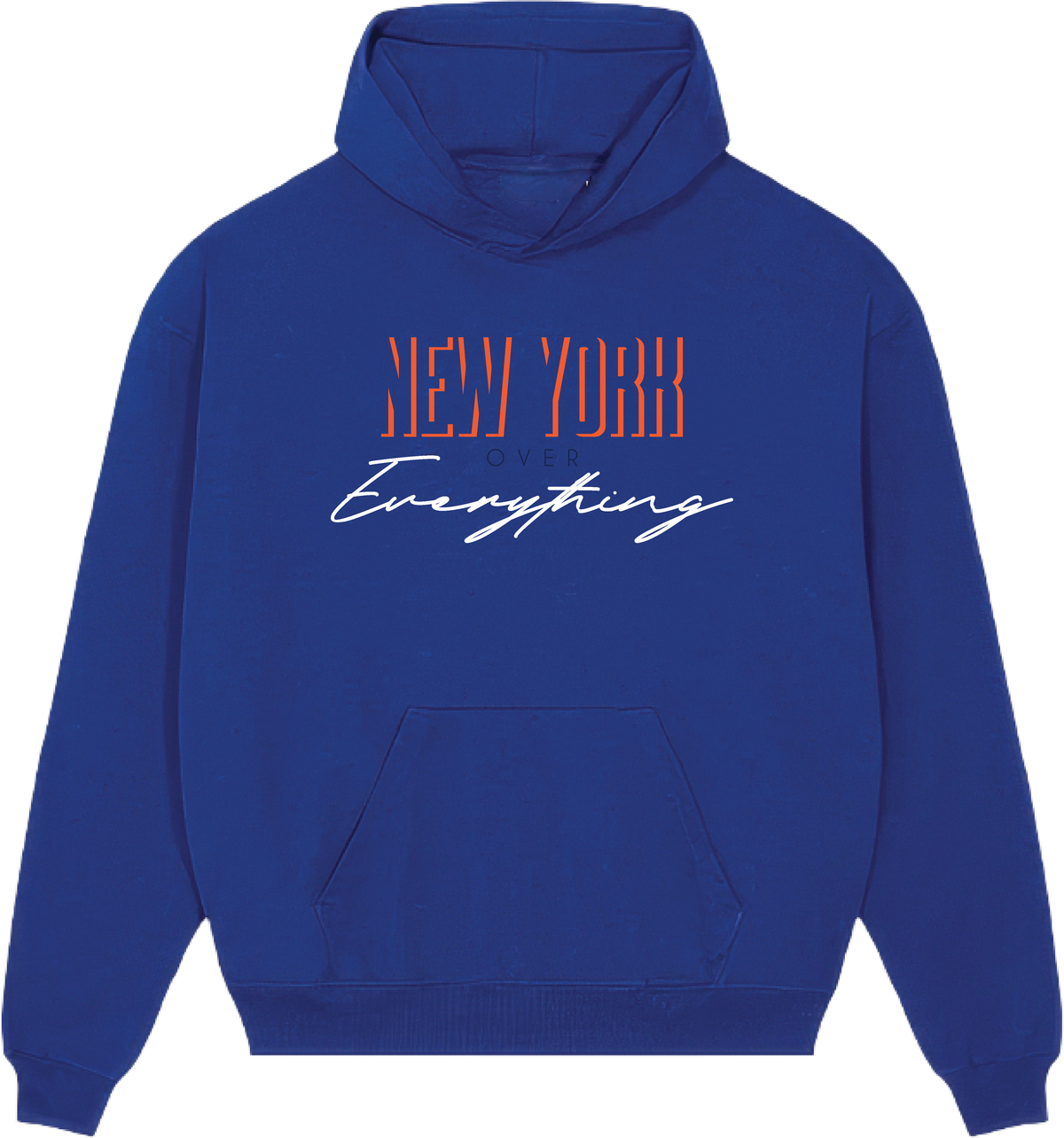Blue New York Over Everything hoodie with orange and white chest lettering