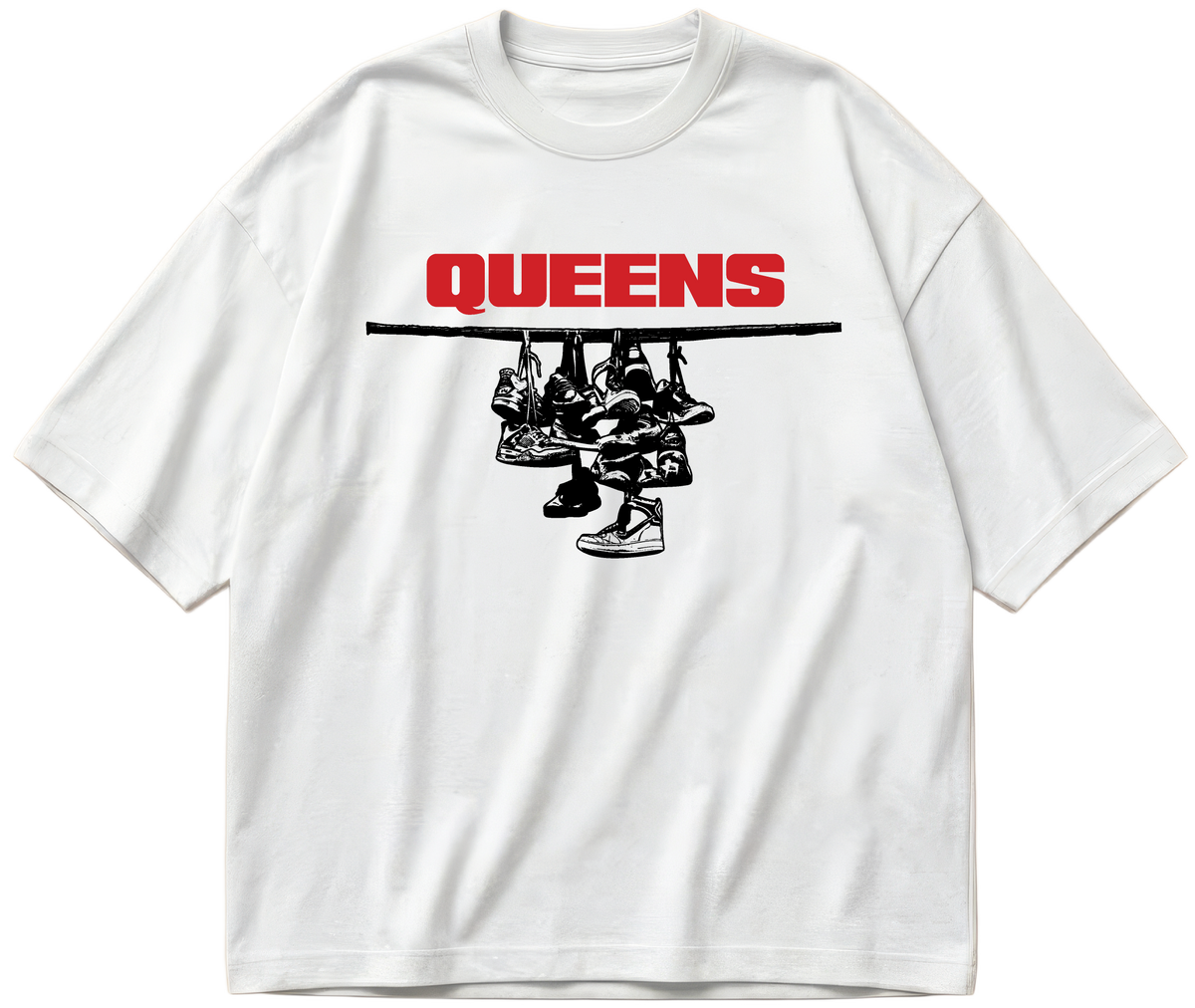 White oversized Sneaker Hang tee with red Queens lettering above a black hanging-sneakers design