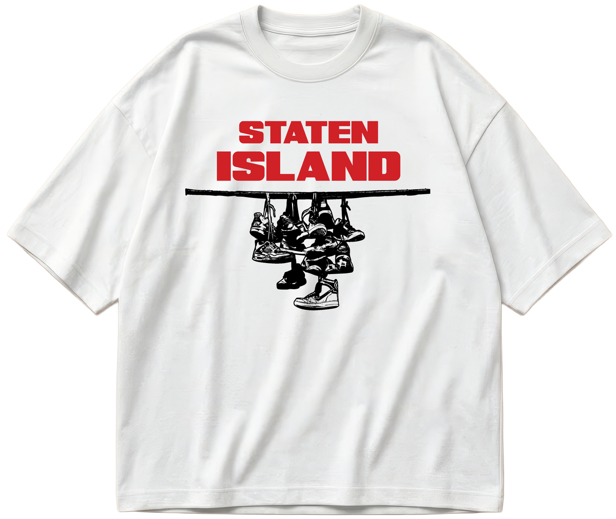White oversized Sneaker Hang tee with red Staten Island lettering above a black hanging-sneakers design