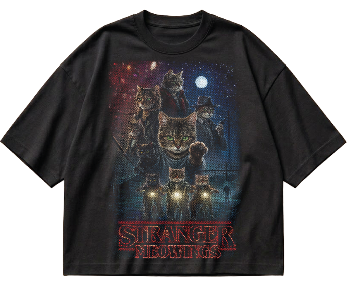 black boxy cropped Stranger Meowings T-shirt with moonlit cat graphic