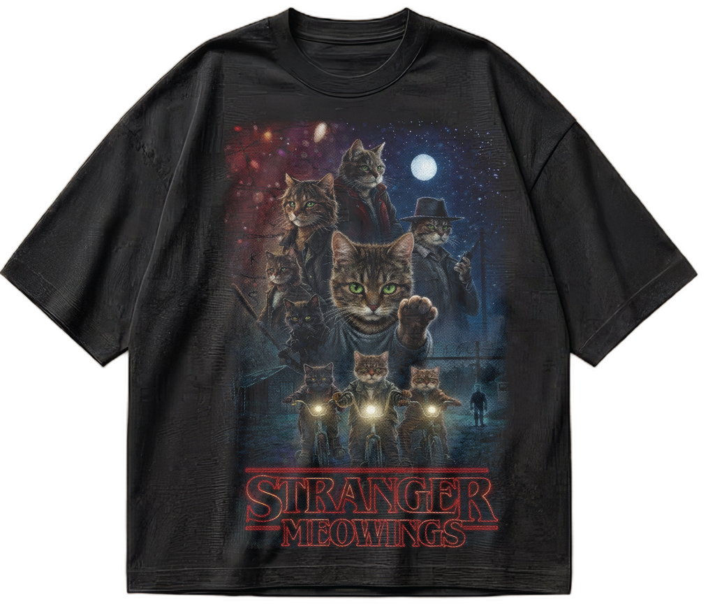 Black oversized Stranger Meowings T-shirt with moonlit cat graphic and red lettering