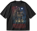 Black oversized Stranger Meowings T-shirt with moonlit cat graphic and red lettering