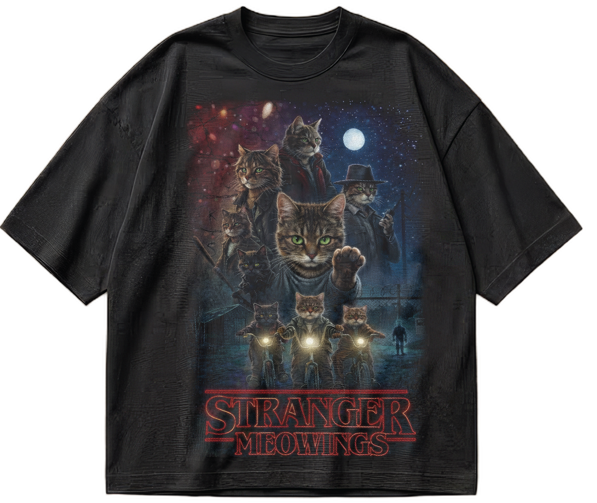 Black oversized Stranger Meowings T-shirt with moonlit cat graphic and red lettering