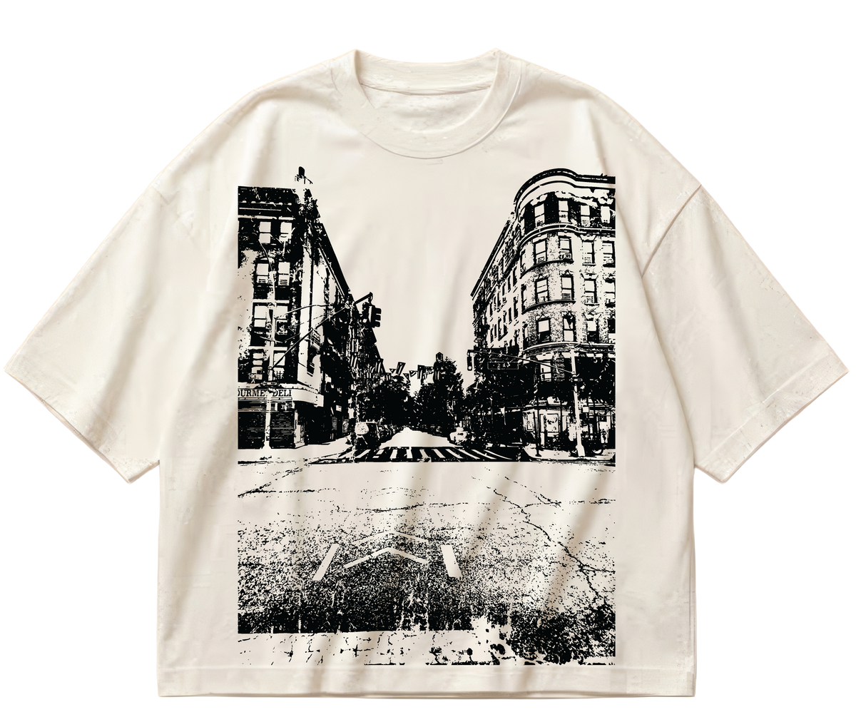 Off-white boxy cropped Tha’ block T-shirt with black-and-white street photograph print