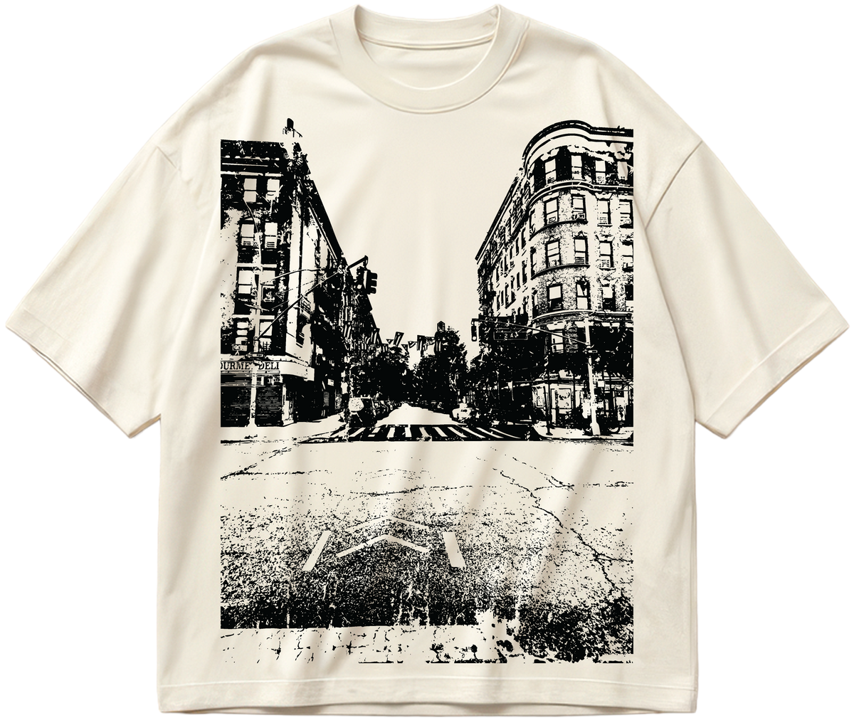 Off-white oversized Tha’ block T-shirt with black-and-white Spanish Harlem street photograph print