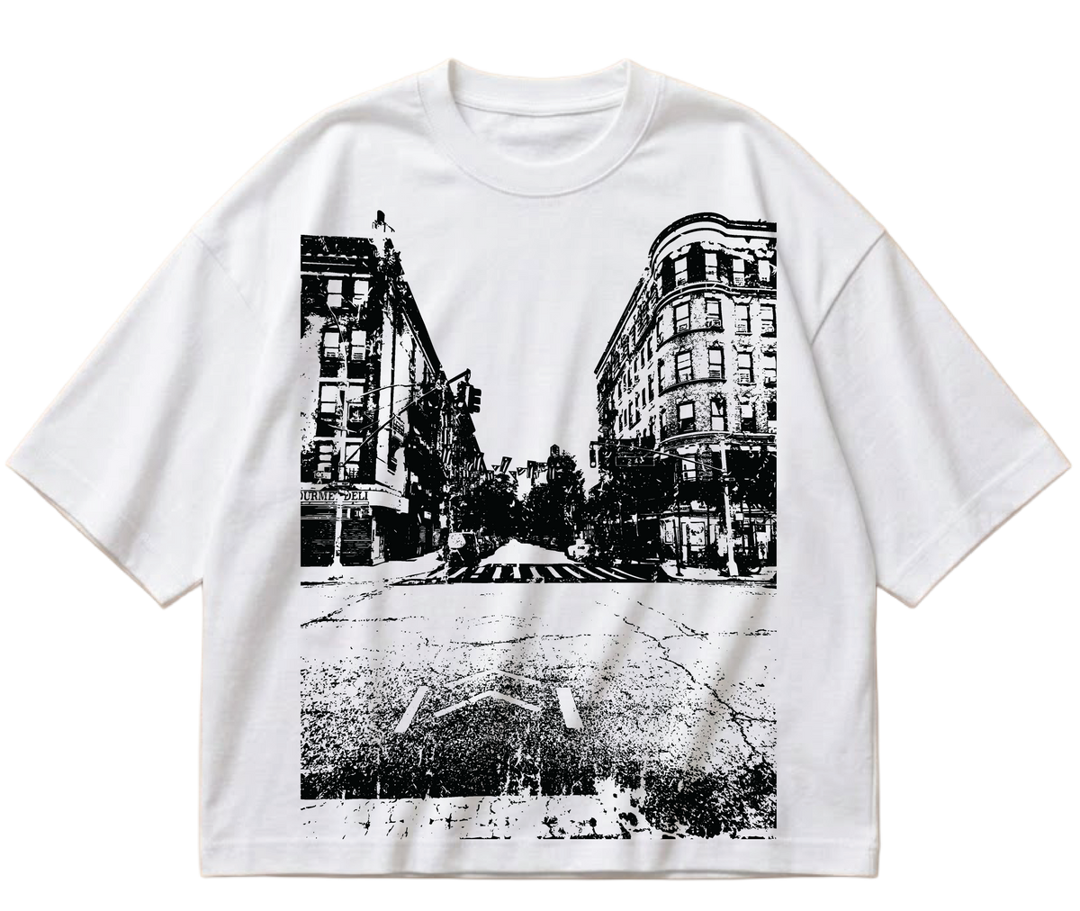 White boxy cropped Tha’ block T-shirt with black-and-white street photograph print