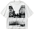 White oversized Tha’ block T-shirt with black-and-white Spanish Harlem street photograph print