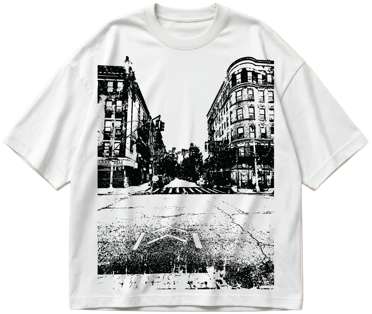 White oversized Tha’ block T-shirt with black-and-white Spanish Harlem street photograph print
