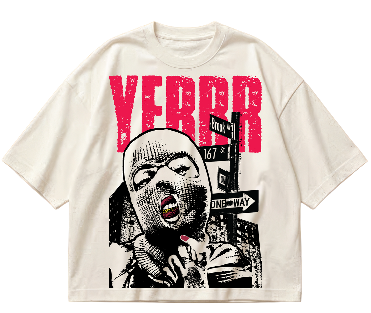Off-white boxy cropped heavyweight cotton YERRR tee with red lettering and Bronx street-sign graphic