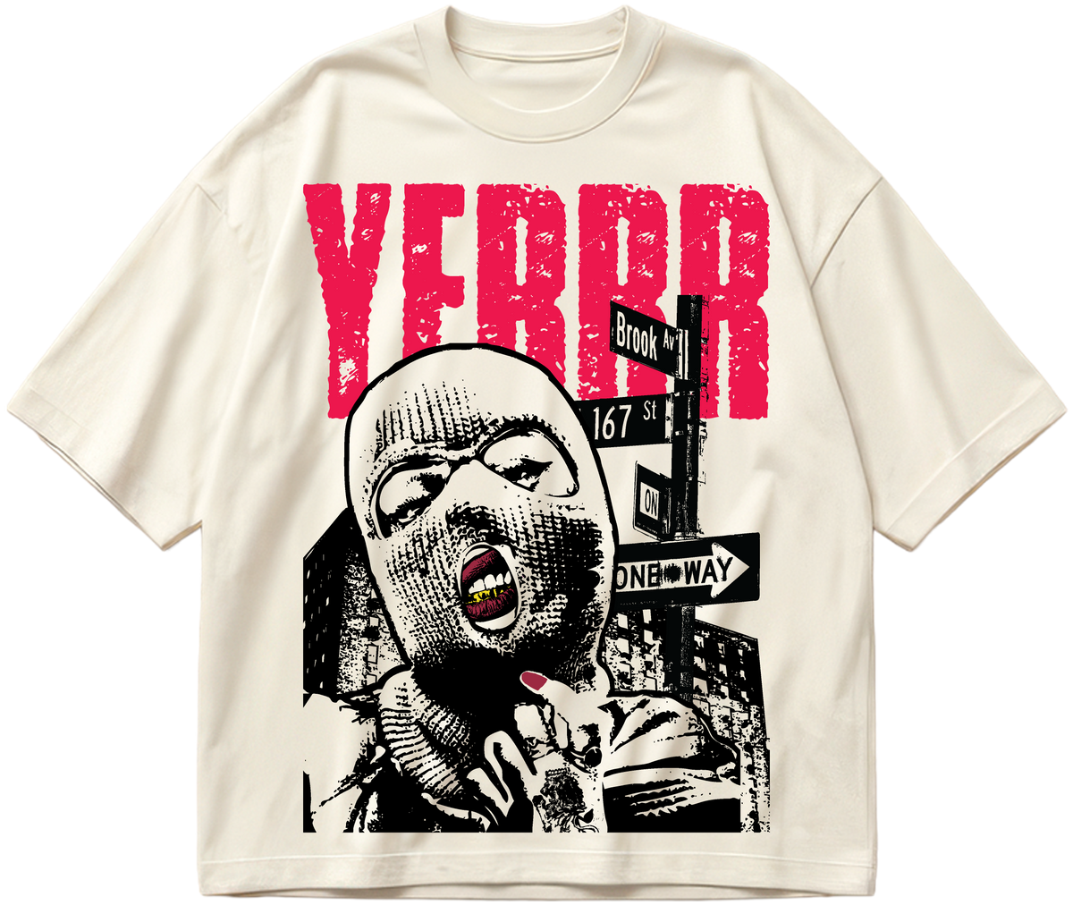 Off-white oversized heavyweight cotton YERRR tee with red lettering and Bronx street-sign graphic
