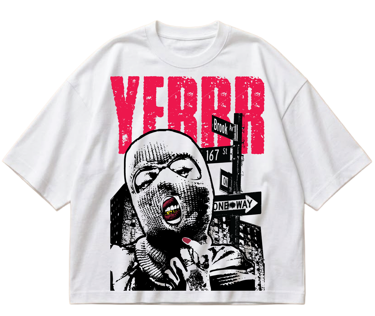 White boxy cropped heavyweight cotton YERRR tee with red lettering and Bronx street-sign graphic
