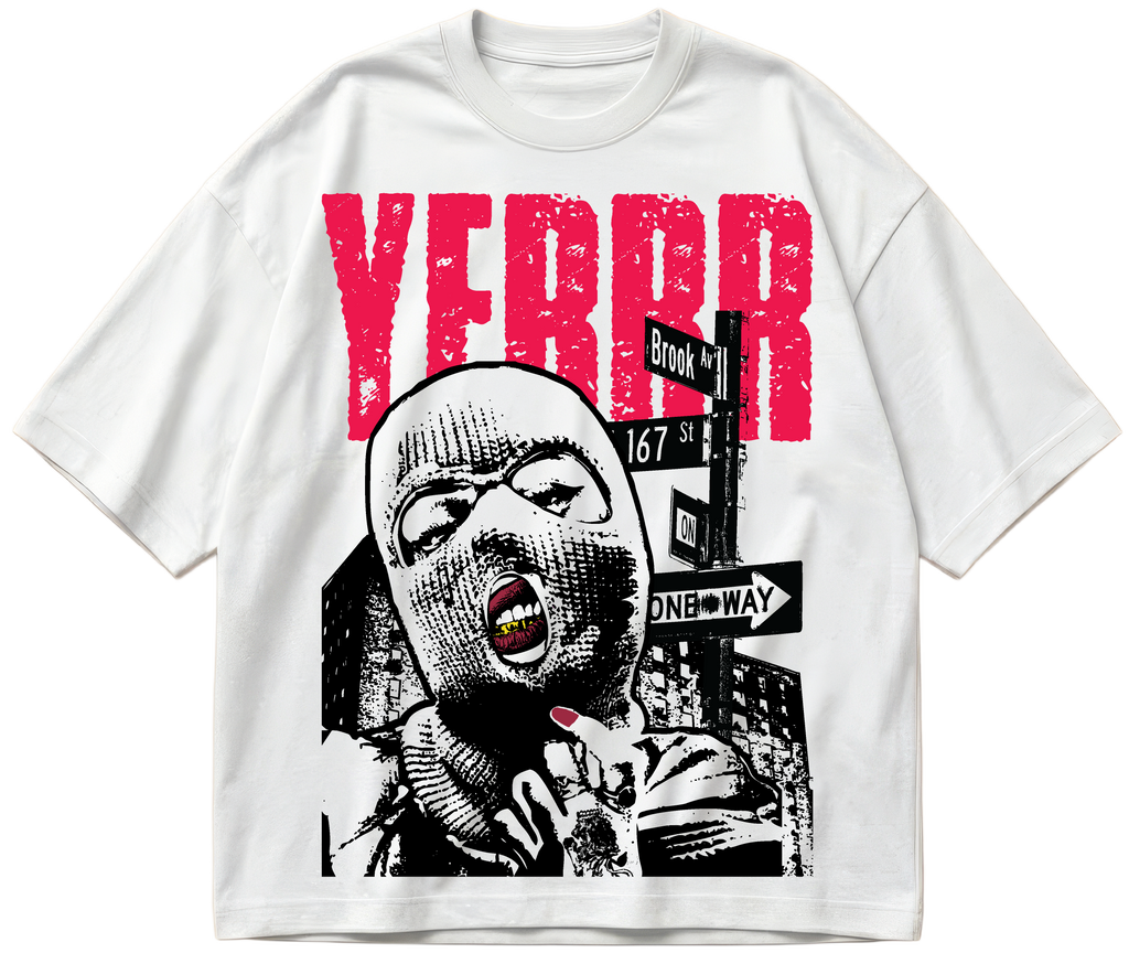 White oversized heavyweight cotton YERRR tee with red lettering and Bronx street-sign graphic