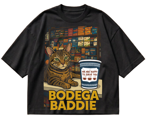 Black boxy cropped Bodega Baddie T-shirt with bodega cat graphic