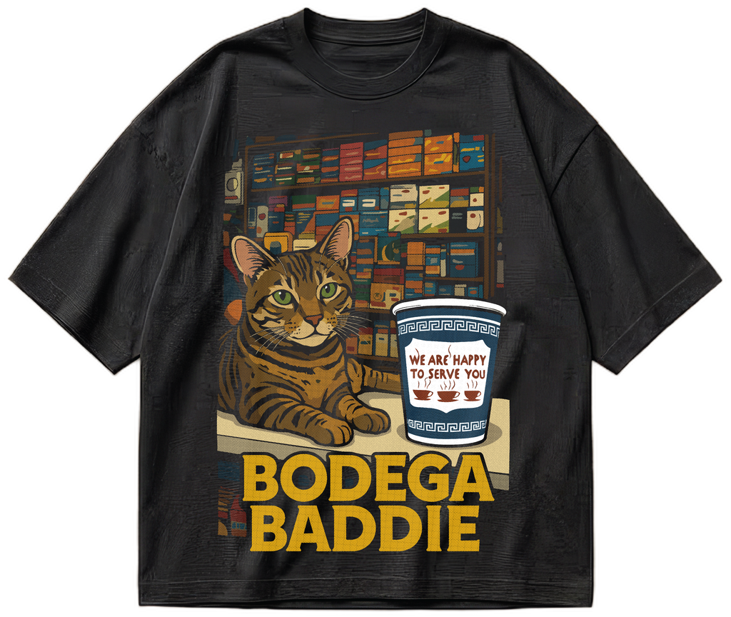 Black oversized Bodega Baddie T-shirt with NYC bodega cat and coffee cup graphic