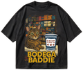 Black oversized Bodega Baddie T-shirt with NYC bodega cat and coffee cup graphic