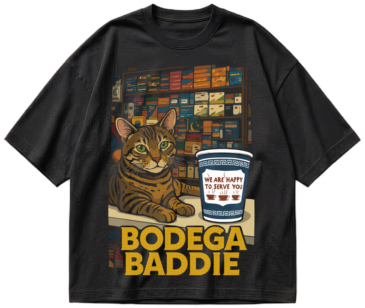 Black oversized Bodega Baddie T-shirt with NYC bodega cat and coffee cup graphic