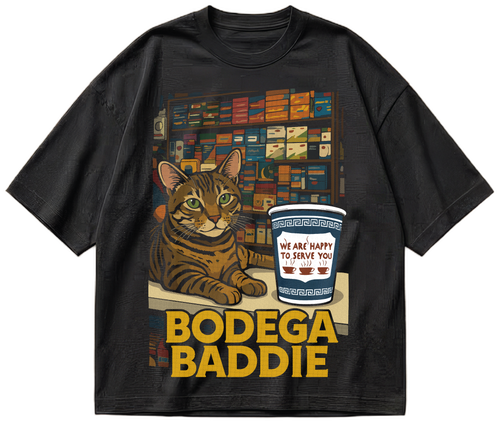 Black oversized Bodega Baddie T-shirt with NYC bodega cat and coffee cup graphic