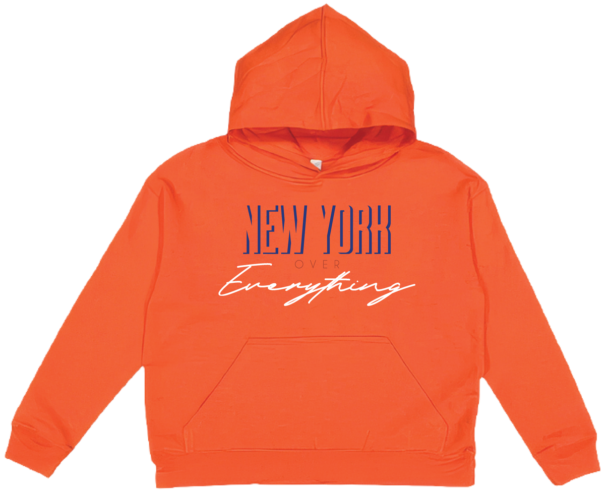 Orange New York Over Everything hoodie with blue and white chest lettering