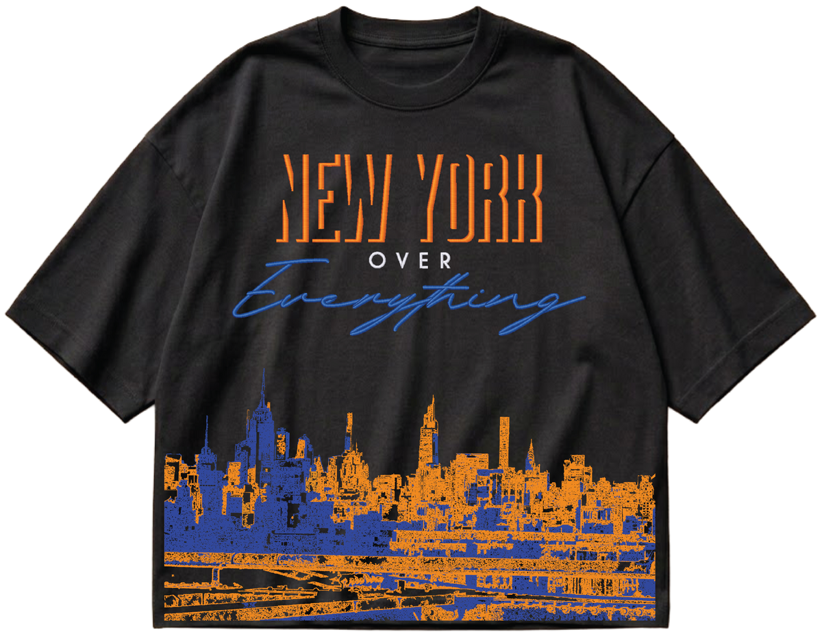 Embroidered New York Over Everything skyline design on a black heavyweight boxy cropped tee