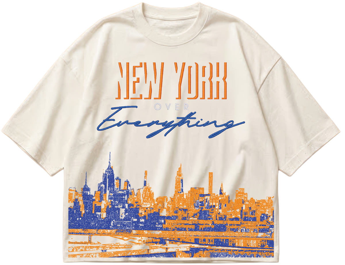 Embroidered New York Over Everything skyline design on an off-white heavyweight boxy cropped tee
