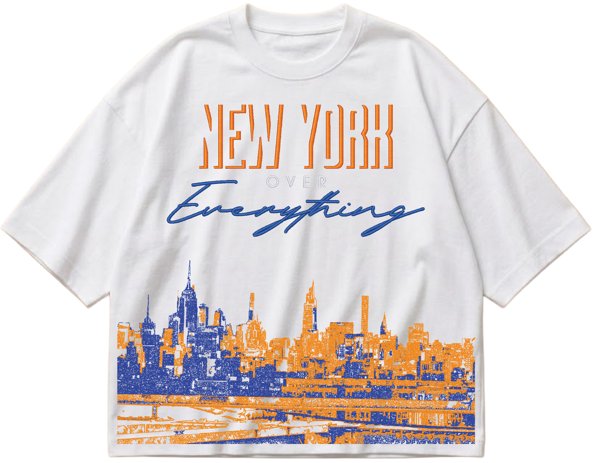 Embroidered New York Over Everything skyline design on a white heavyweight boxy cropped tee