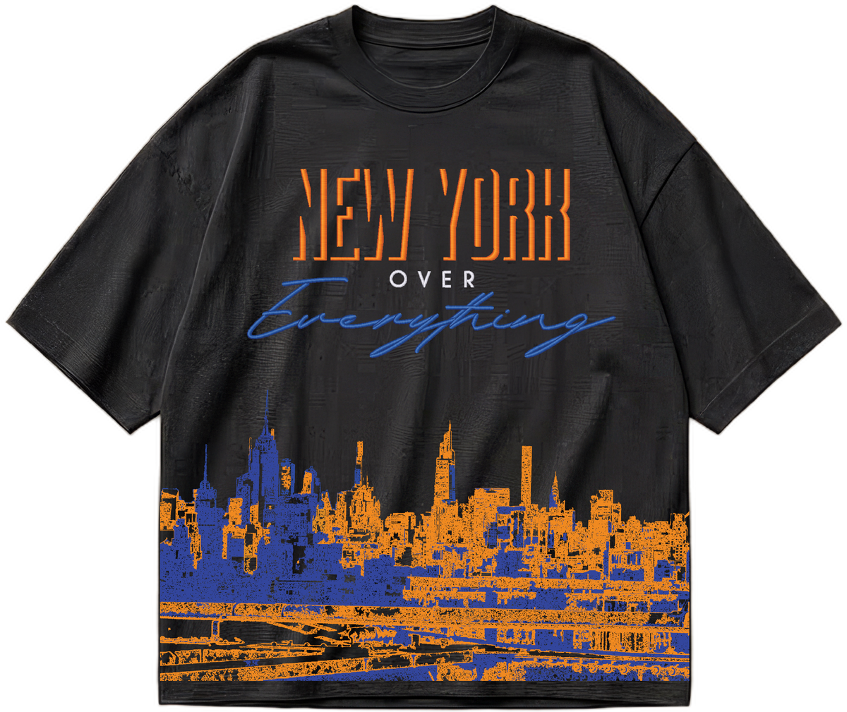 Embroidered New York Over Everything skyline design on a black heavyweight boxy oversized tee.