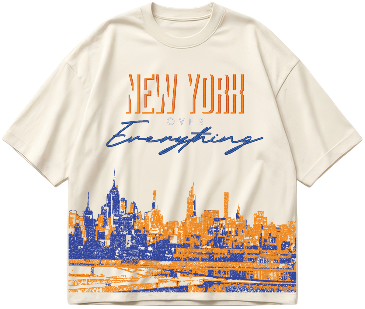 Embroidered New York Over Everything skyline design on an off-white heavyweight boxy oversized tee