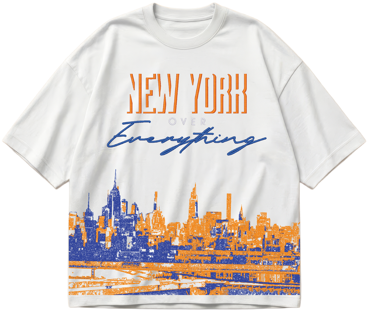 Embroidered New York Over Everything skyline design on a white heavyweight boxy oversized tee