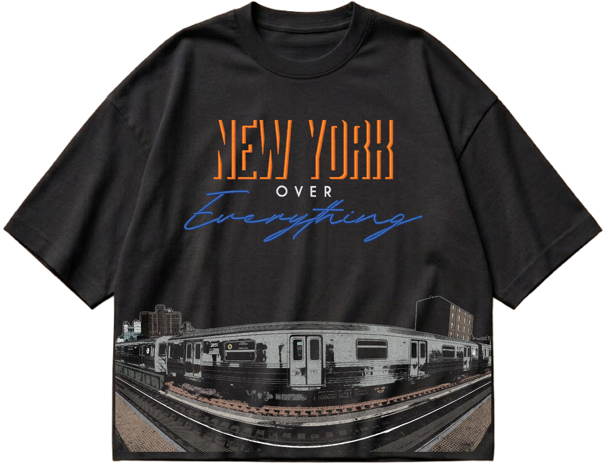 Black heavyweight boxy cropped tee with embroidered New York Over Everything lettering and a subway station graphic