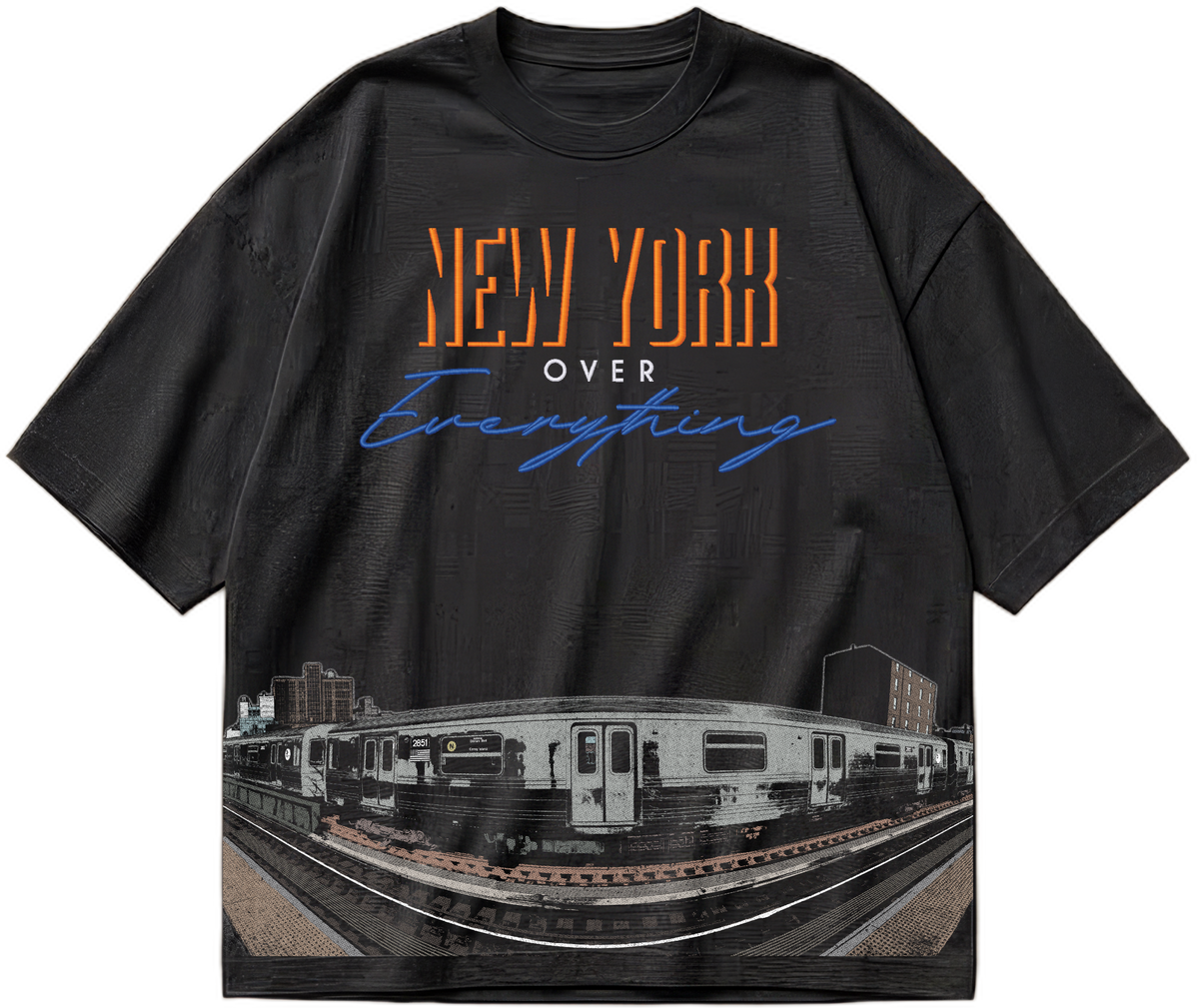 Black heavyweight boxy oversized tee with embroidered New York Over Everything lettering and a subway station graphic